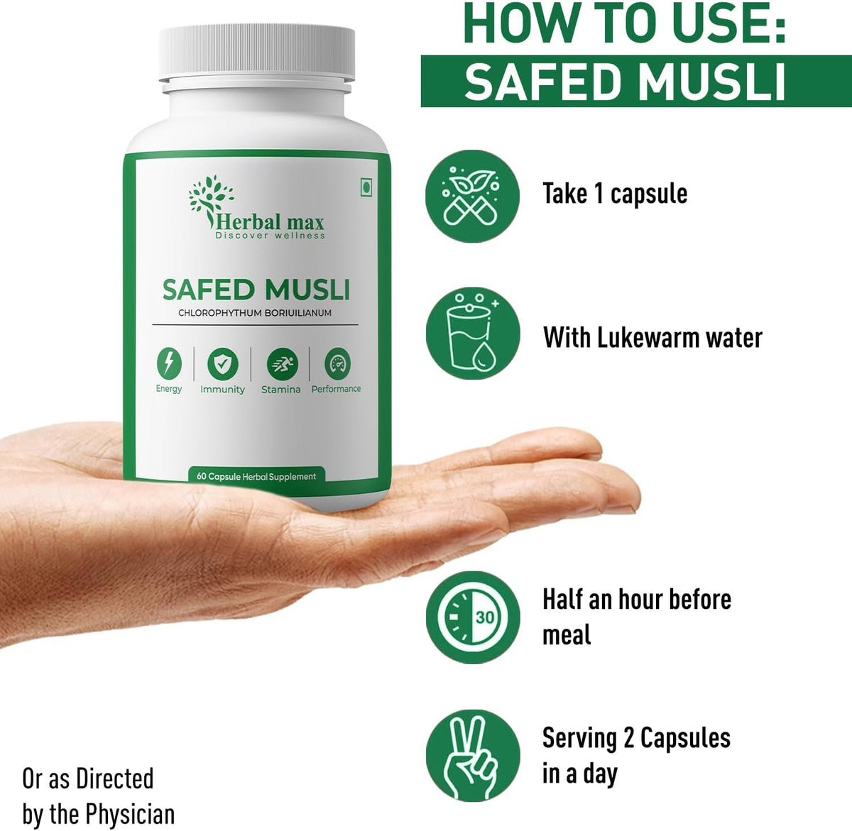 Herbal Max Safed Musli Capsules - 800mg, 60 Capsules