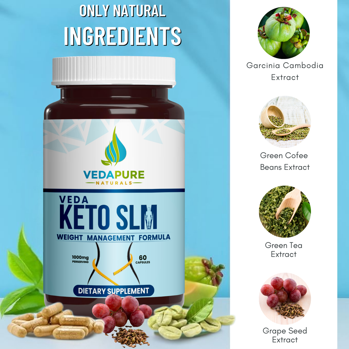 Vedapure Keto Slim Capsules - Natural Weight Management Supplement with Garcinia Cambogia and Green Tea - 60 Count