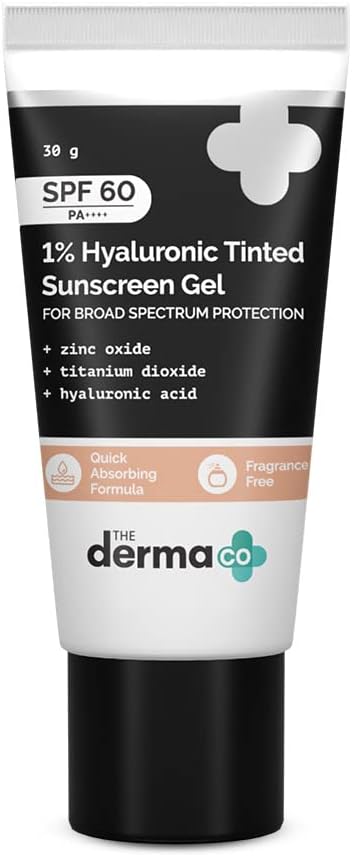 The Derma Co Hyaluronic Tinted Sunscreen Gel SPF 60 - 1% Hyaluronic Acid, 30g