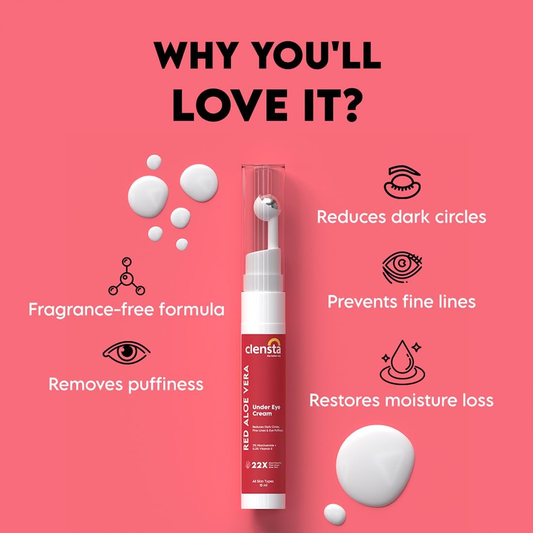 Clensta Red Aloe Vera Under Eye Cream - Face Treatment, 15g - Image 3