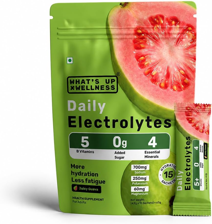 What's Up Daily Electrolytes Powder - Juicy Guava Flavour, 15 Sachets