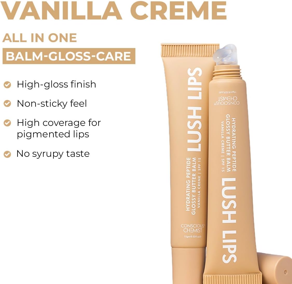 Conscious Chemist Peptide Lip Balm with SPF 15 - Vanilla Creme, 15g - Image 2