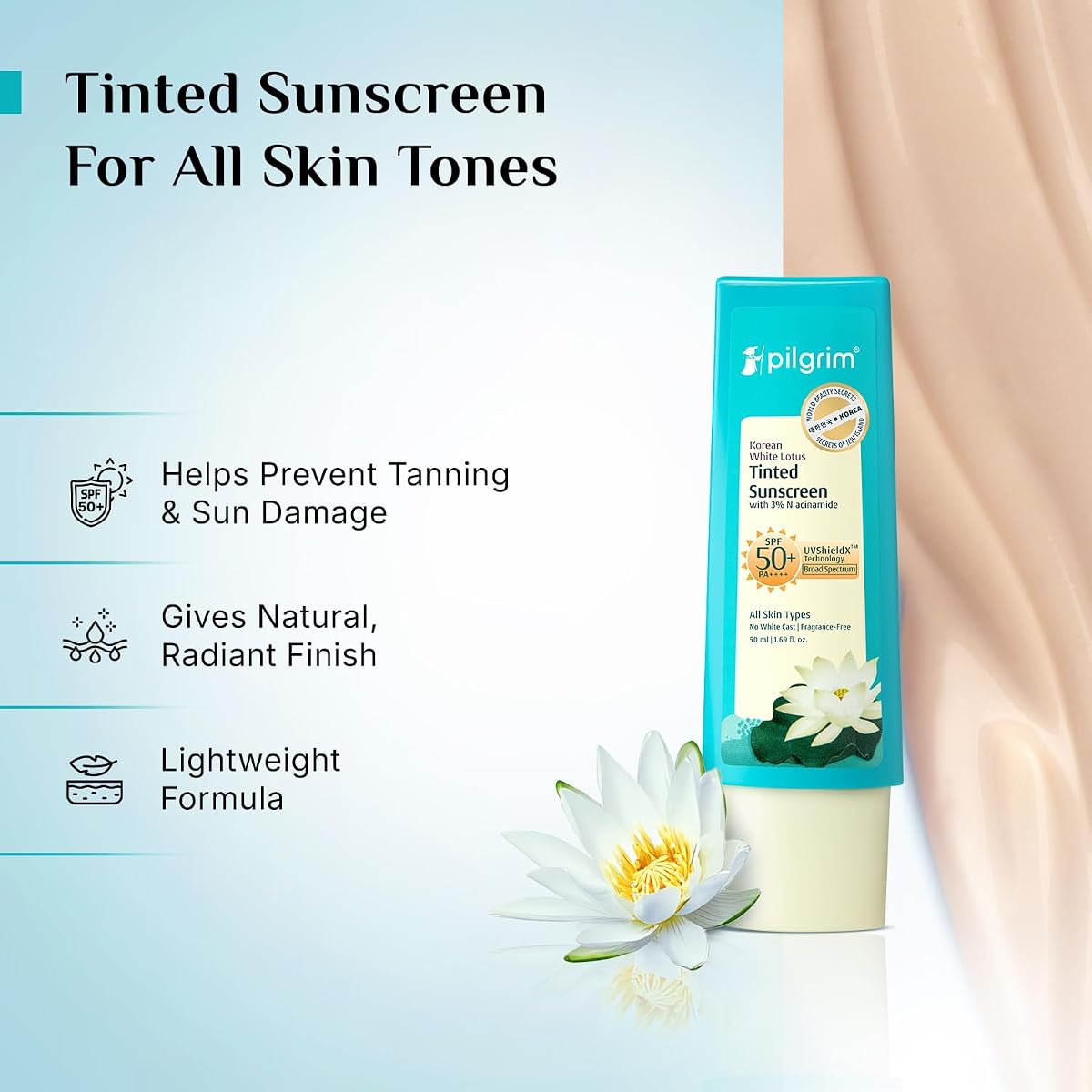 Pilgrim Korean White Lotus Tinted Sunscreen SPF 50+ with Niacinamide - 50ml - Image 4