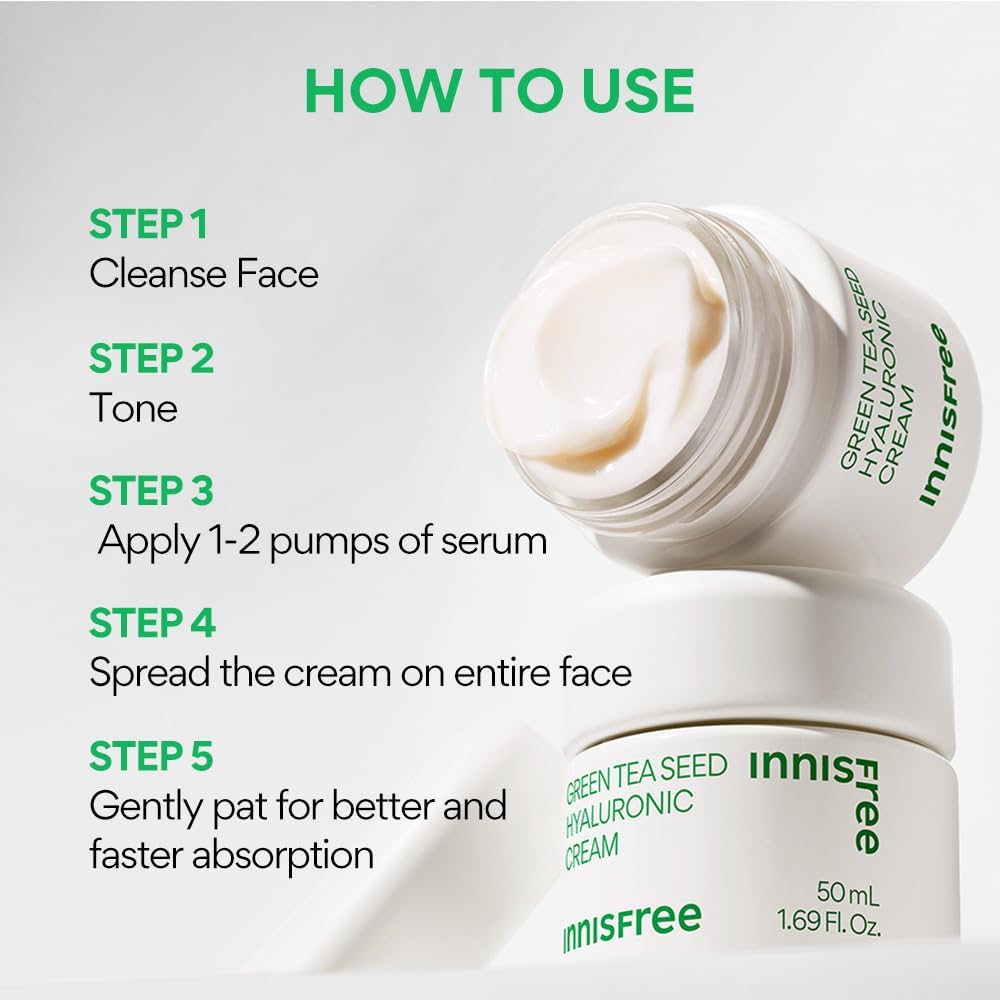 Innisfree Green Tea Seed Hyaluronic Face Moisturiser Cream, 50ml - Image 3