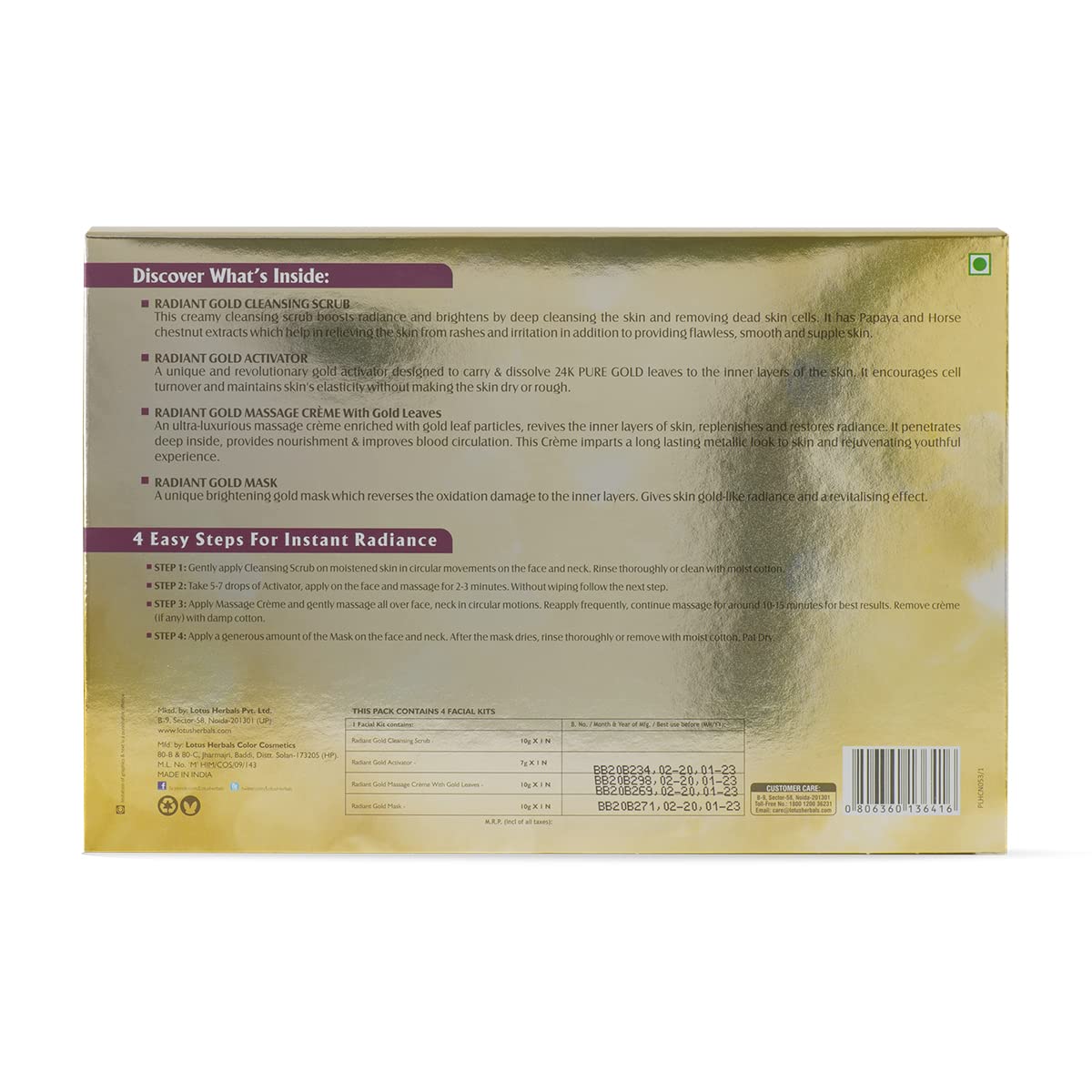 Lotus Herbals Radiant Gold Cellular Glow Facial Kit - Masks & Exfoliators - Image 2