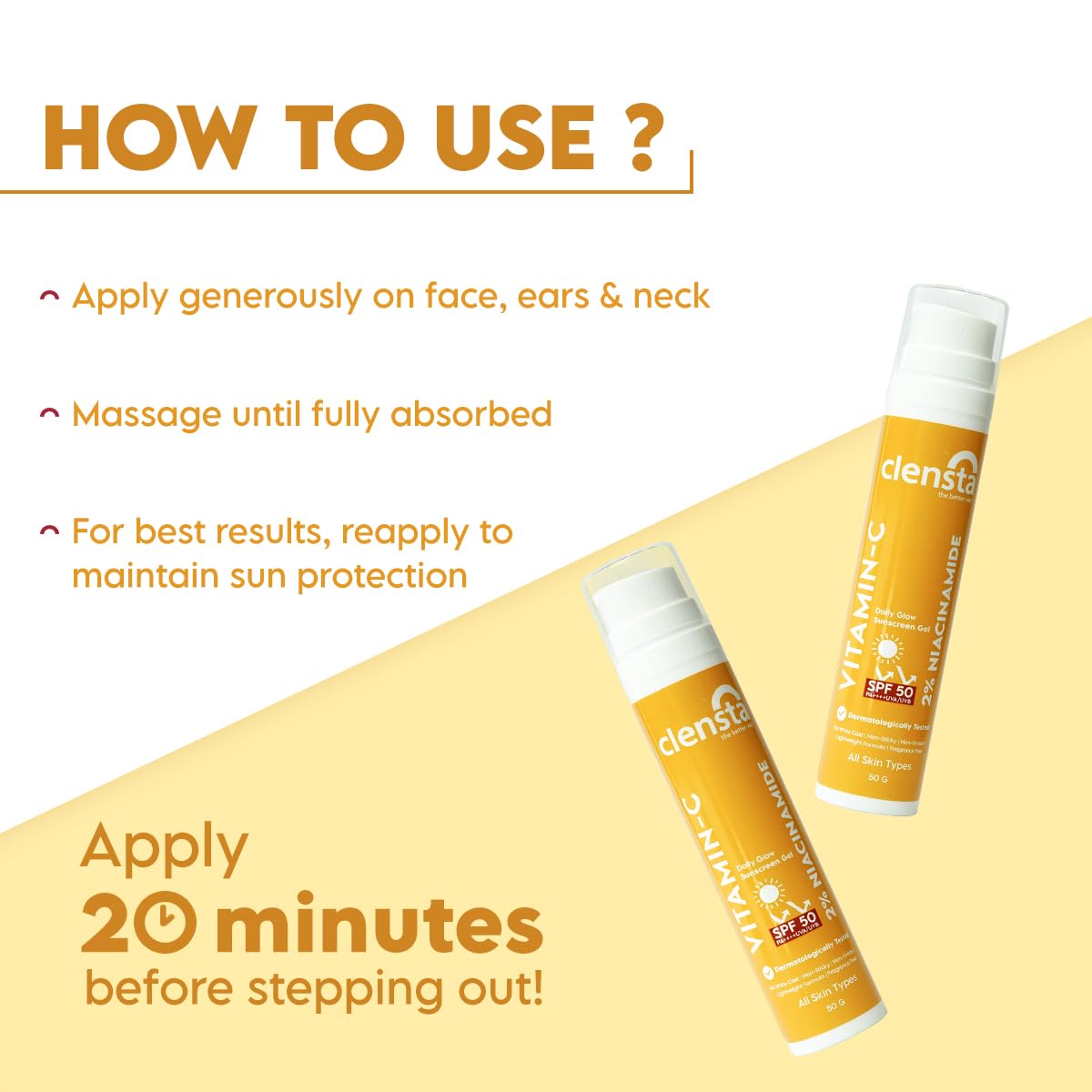Clensta Vitamin C Daily Glow Sunscreen Gel SPF 50+++, 50 ml - Image 5