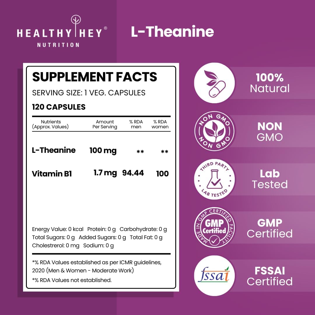 HealthyHey Nutrition L-Theanine 100mg Vegetarian Capsules - 120 Count - Image 2