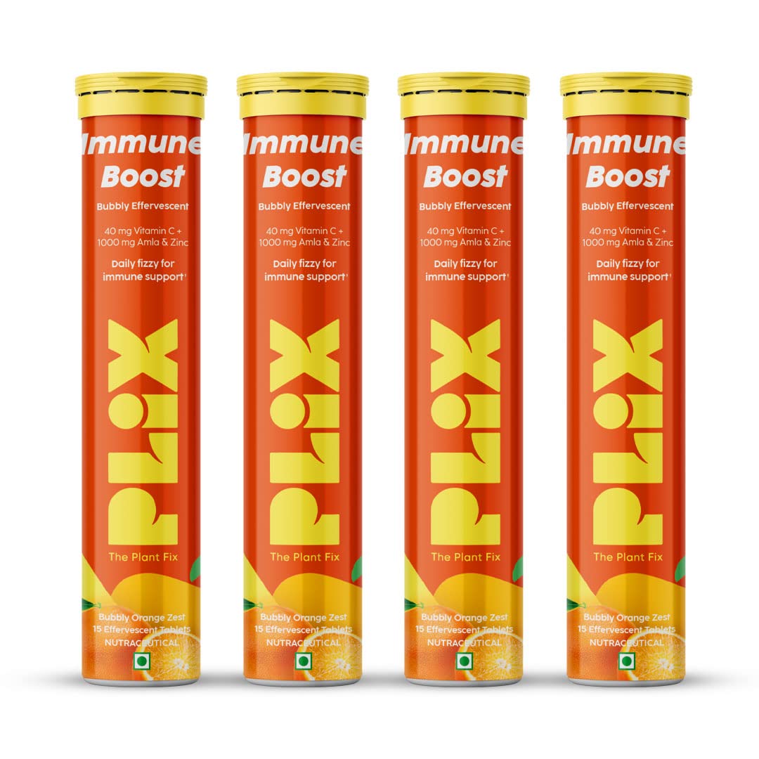 Plix Vitamin C Immunity Booster Effervescent Tablets, Orange Flavour - Pack of 4 x 15