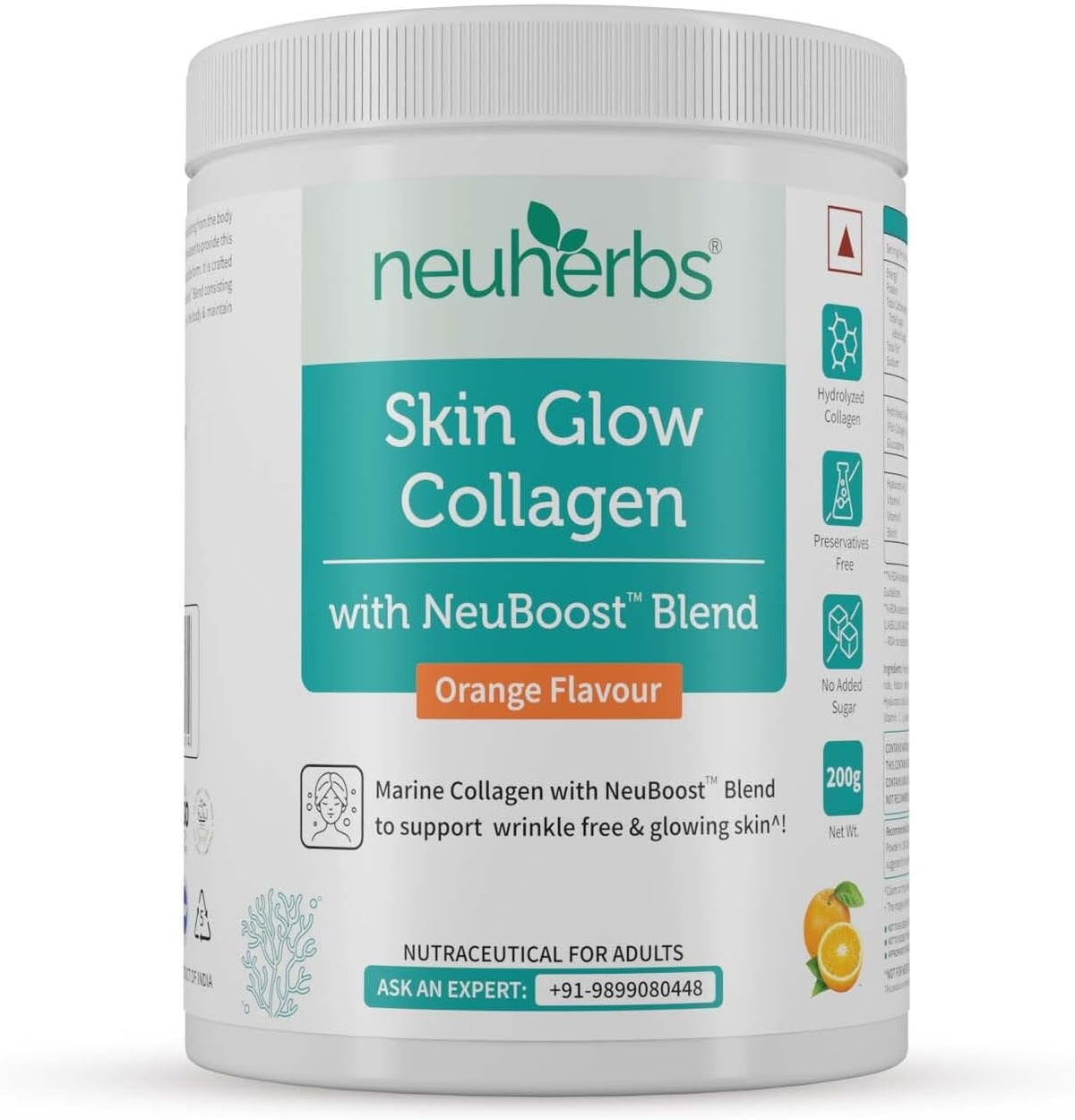 Neuherbs Skin Glow Marine Collagen Powder - Orange Flavour, 200g