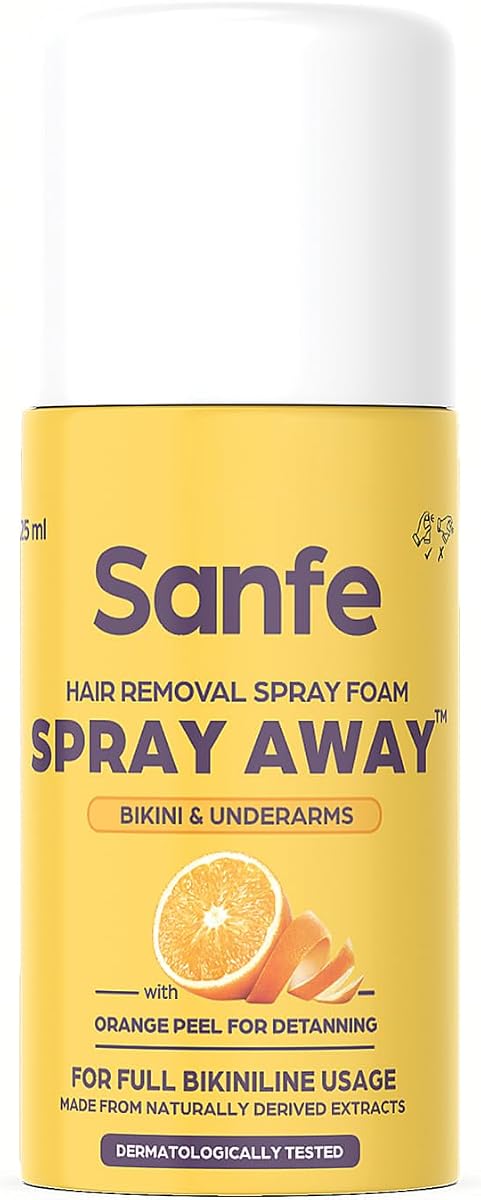 Sanfe Painless & Detan Hair Removal Spray Cream - Orange Peel, Aloe Vera, Vitamin E - 25 ml