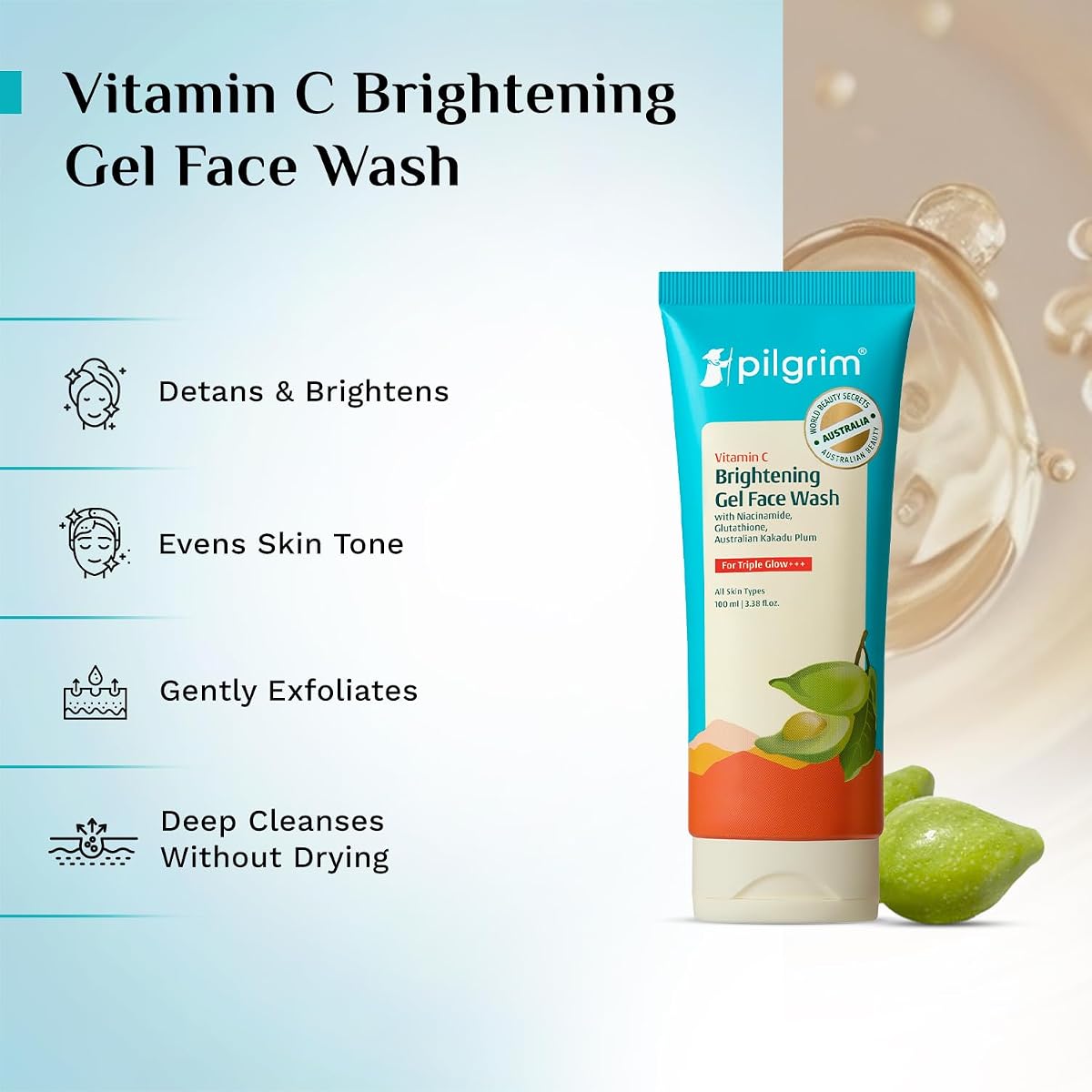 Pilgrim Vitamin C Gel Face Wash with Kakadu Plum & Lime Pearl - 100 ml - Image 3