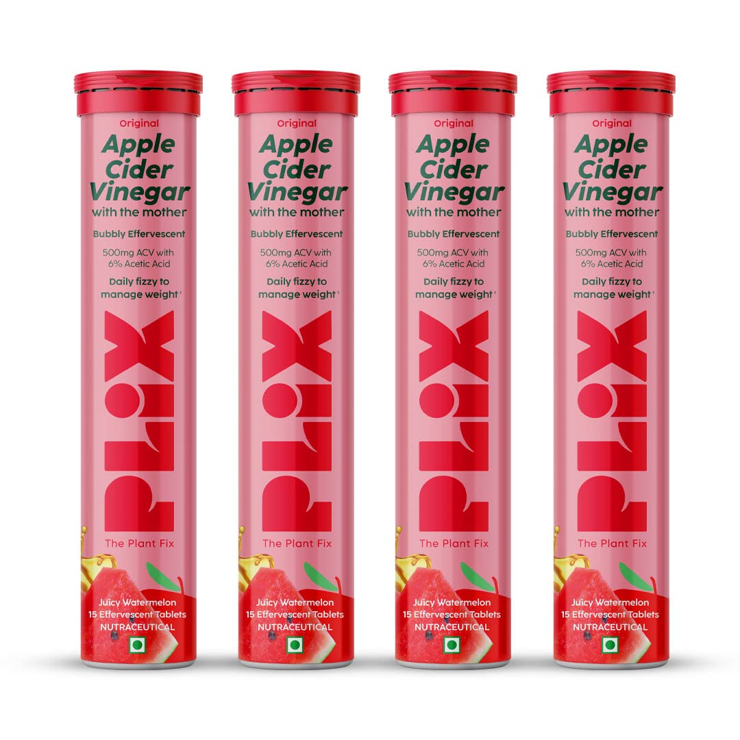 Plix Apple Cider Vinegar Watermelon Effervescent Tablets, 15 Count - 4 Pack