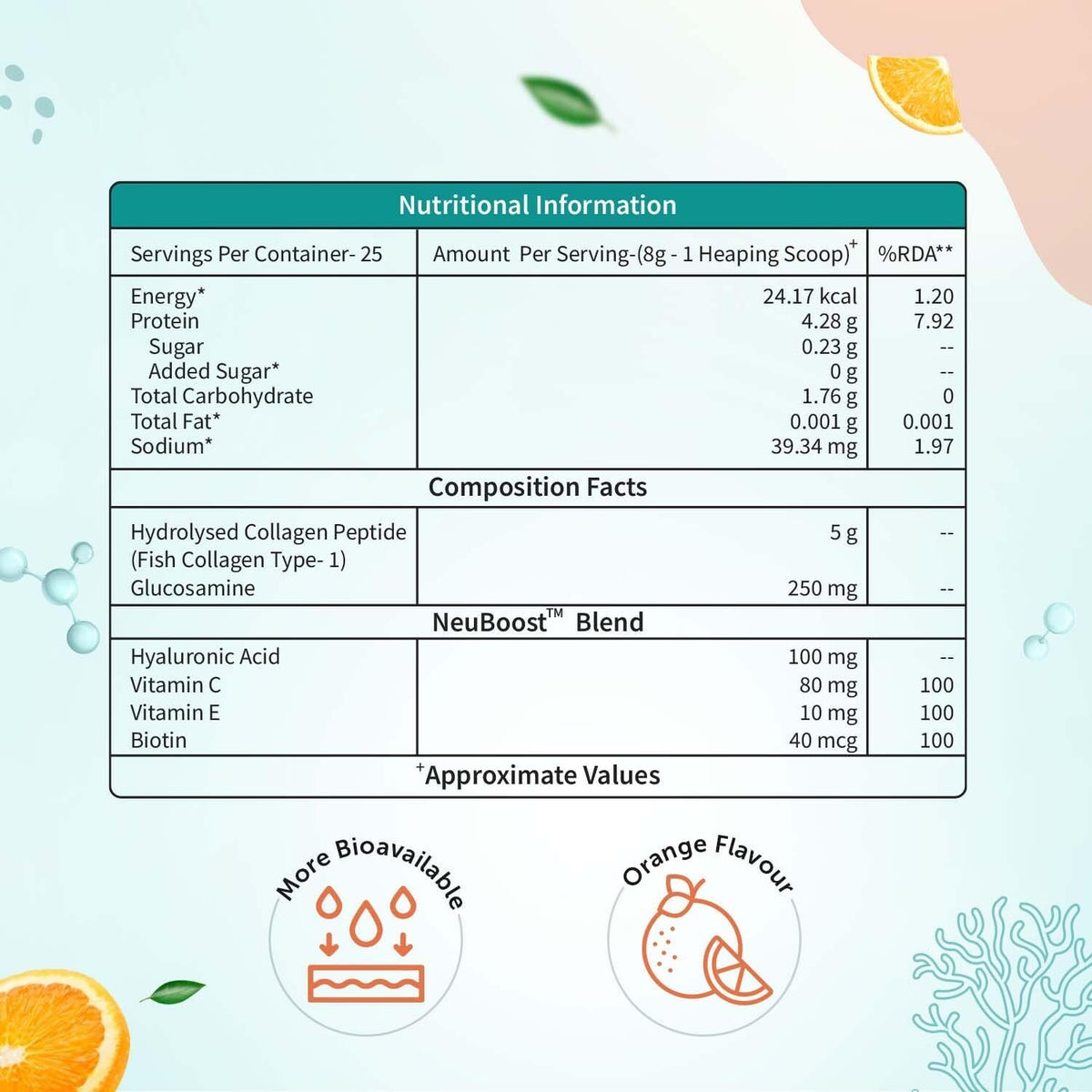 Neuherbs Skin Glow Marine Collagen Powder - Orange Flavour, 200g - Image 3