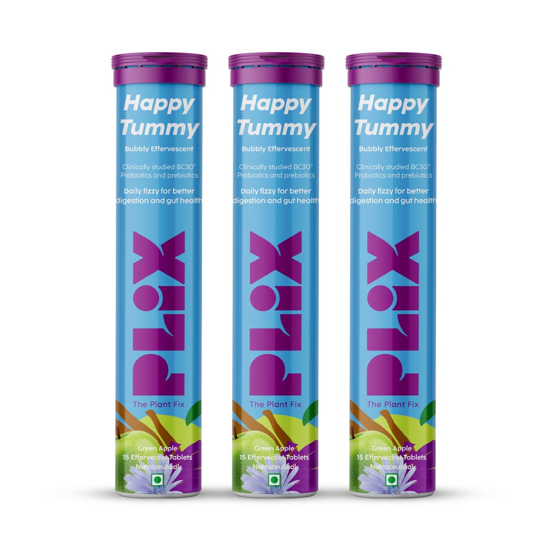 Plix Happy Tummy Pre+Probiotic Effervescent Tablets, Green Apple - Pack of 3