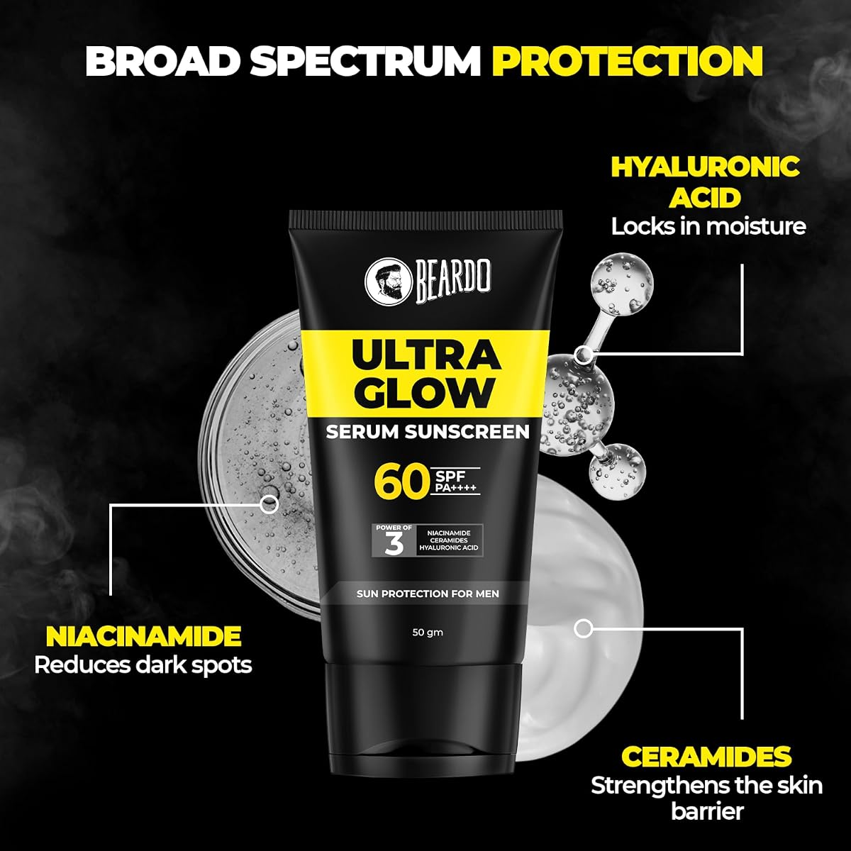 Beardo Ultra Glow Serum Sunscreen SPF 60+ with Niacinamide, Ceramides & Hyaluronic Acid - 50g - Image 3