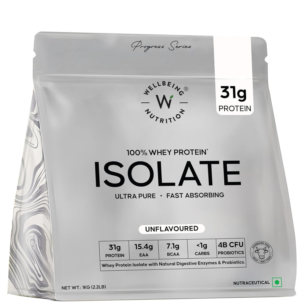 Wellbeing Nutrition Whey Protein Isolate - Unflavoured, 1 Kg, 28 Servings