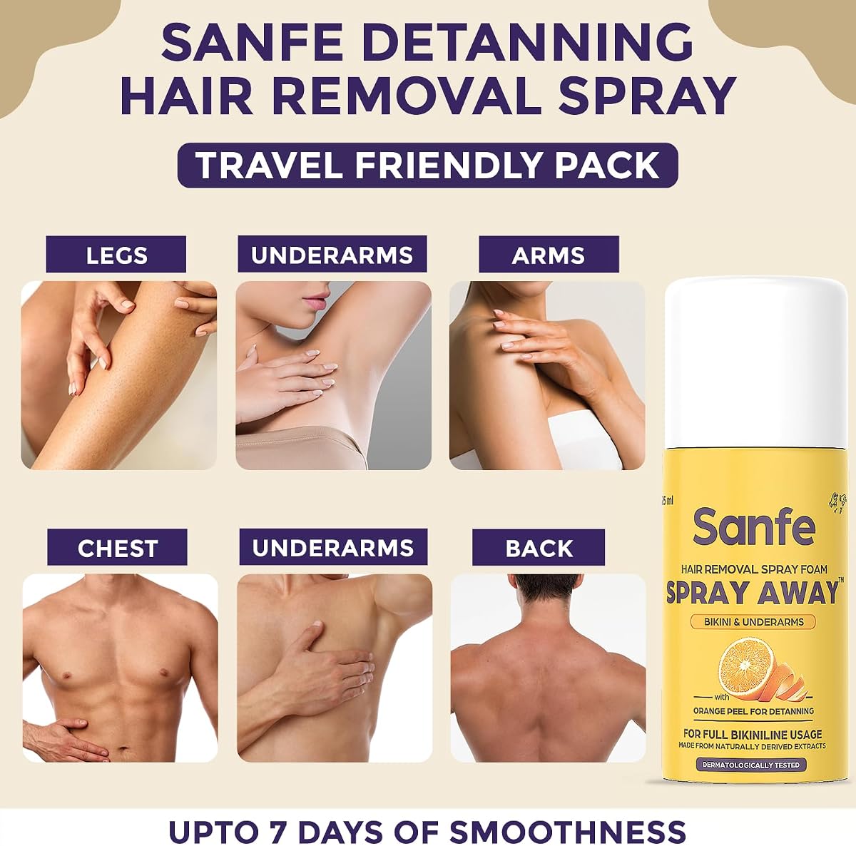 Sanfe Painless & Detan Hair Removal Spray Cream - Orange Peel, Aloe Vera, Vitamin E - 25 ml - Image 2