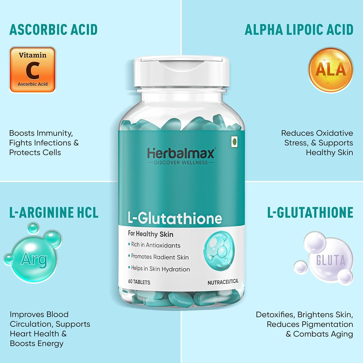 Herbal Max L-Glutathione 100 mg Tablets - Plant-Based Beauty Supplement - 60 Count - Image 4