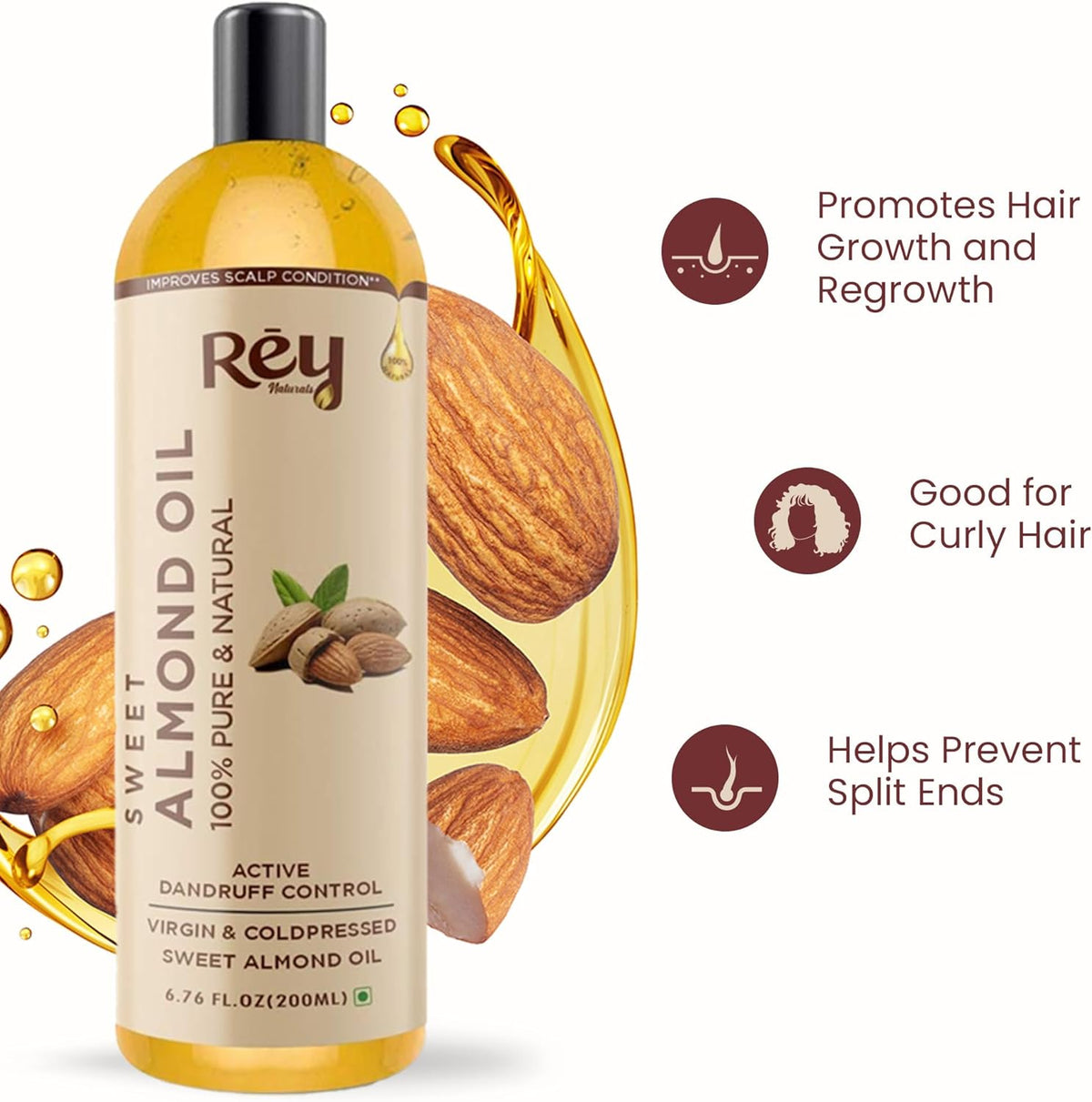 ReyNaturals Cold Pressed Castor & Sweet Almond Oil for Hair & Skin - 200ml - Image 2