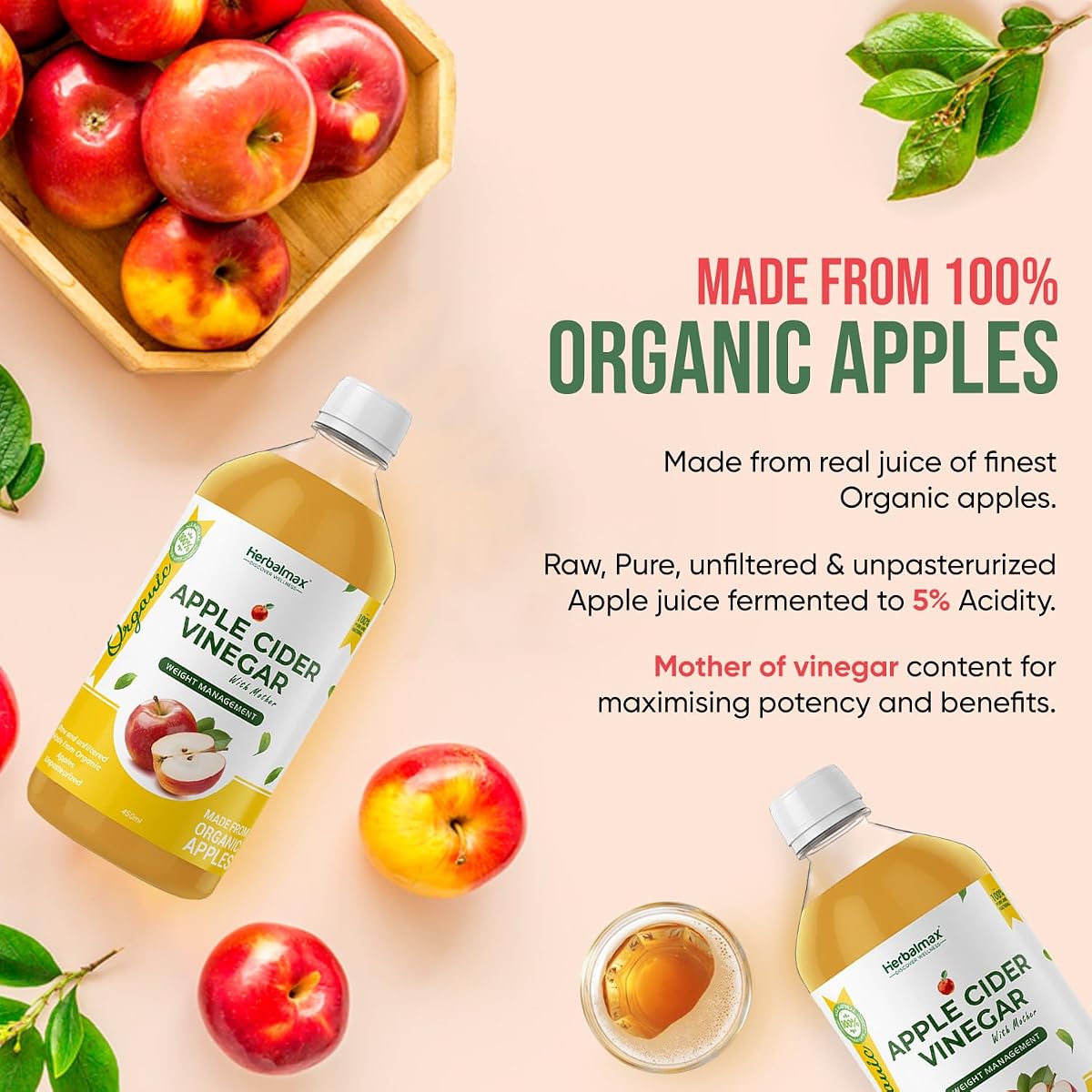 Herbal Max Unfiltered Apple Cider Vinegar - Raw, With The Mother - 450mL - Image 2