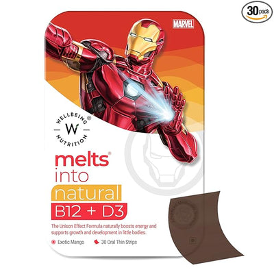 Wellbeing Nutrition Marvel Iron Man Melts| Vitamin B12, D3 & K2 for KidsExotic Mango Flavor (30 Oral Strips)