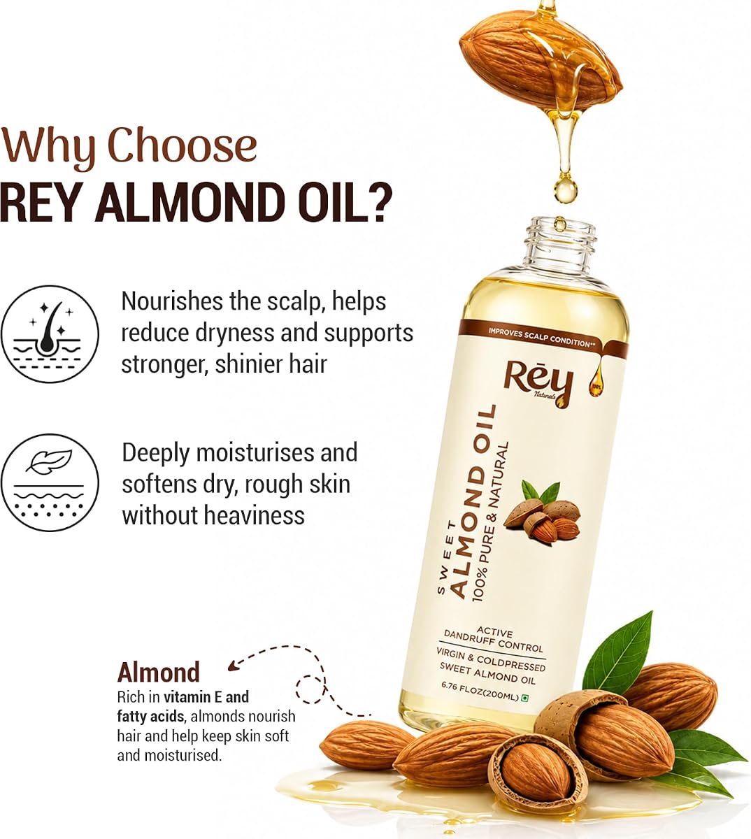 ReyNaturals Sweet Almond Oil - Virgin & Cold Pressed, 200ml - Image 2