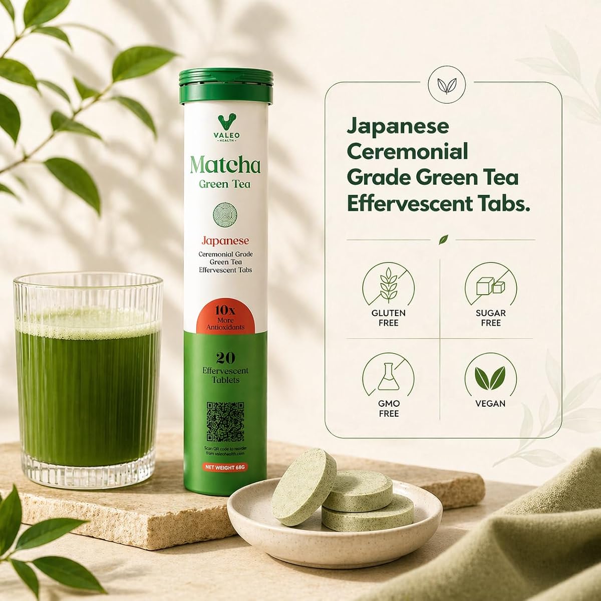 Valeo Matcha Green Tea Effervescent Tablets - Organic, Gluten-Free - 20 Pack - Image 8