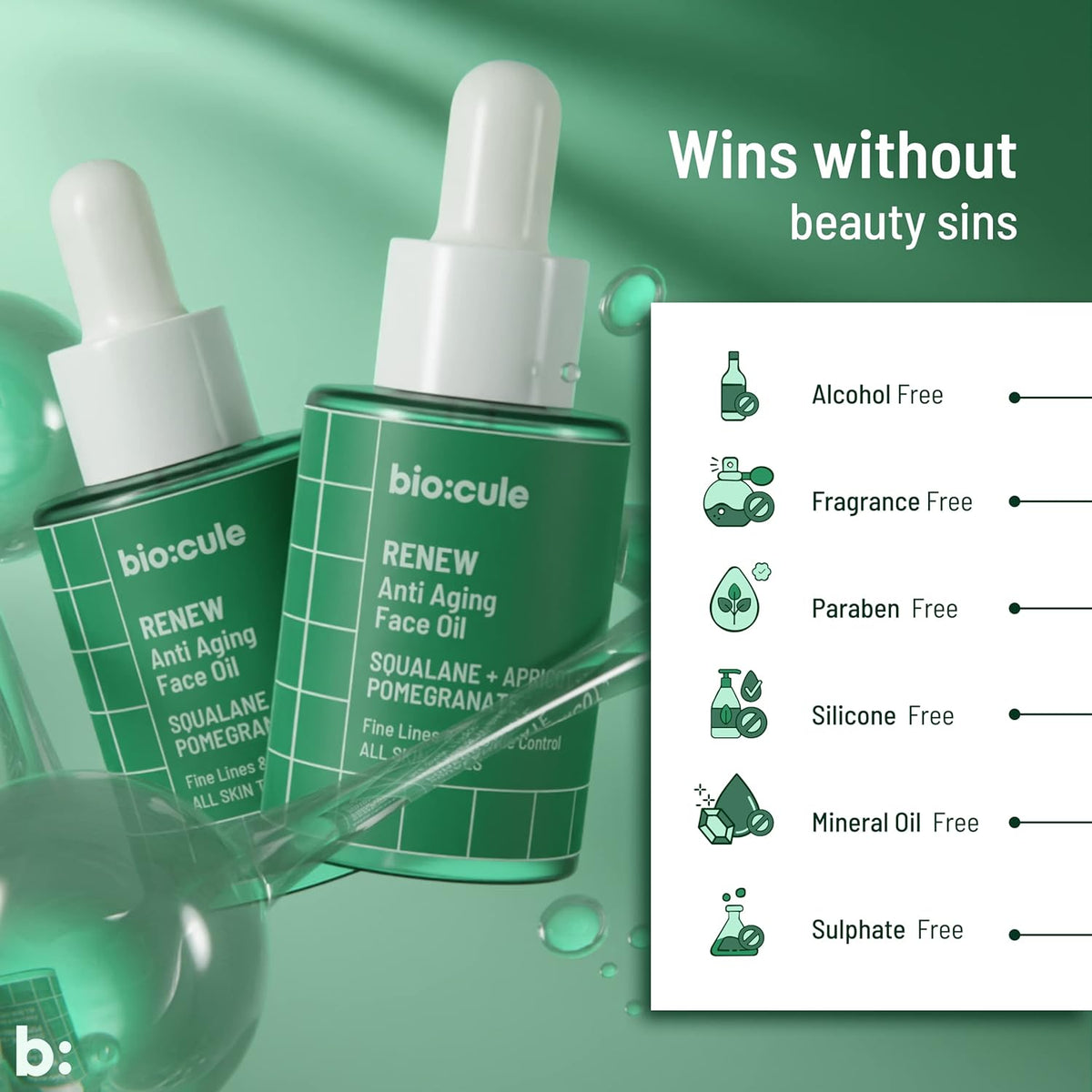 Biocule Renew Anti-Aging Face Oil with Squalane, Apricot & Pomegranate - 15ml - Image 3