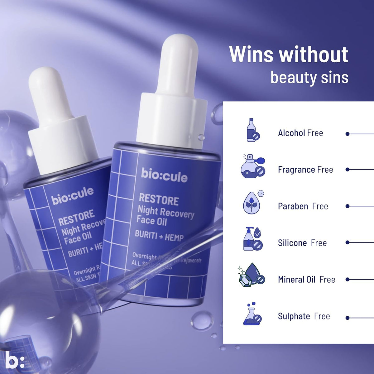 Biocule Restore Night Recovery Face Oil - Buriti + Hemp, 15ml - Image 2