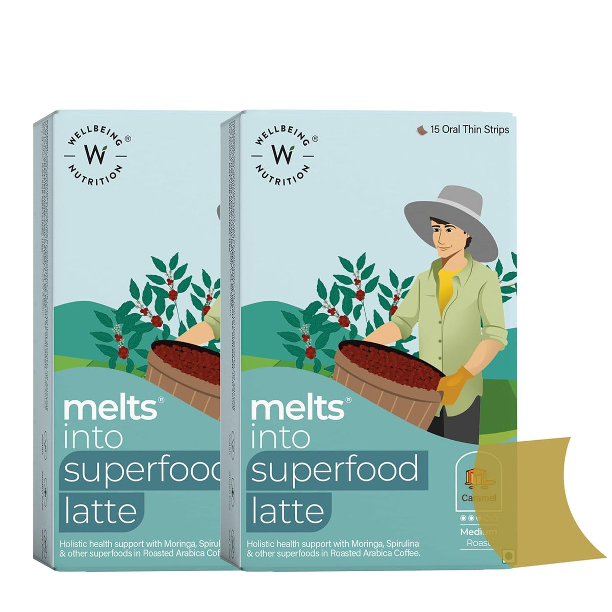 Wellbeing Nutrition Melts Superfood Latte Oral Strips - Immune Support & Stress Relief - Caramel Latte Flavour - Pack of 2 (15 Strips each)