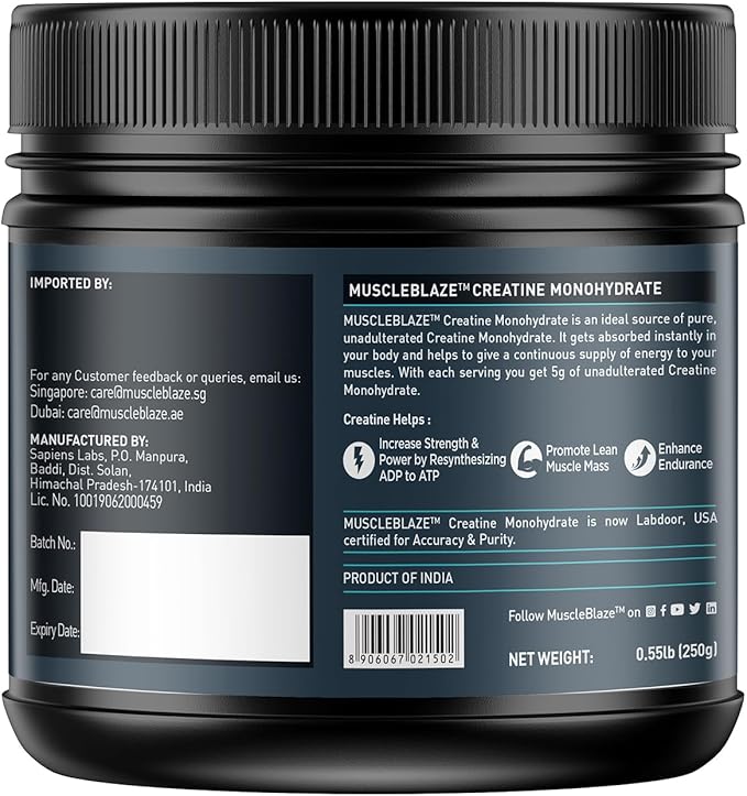 MuscleBlaze Creatine Monohydrate Powder - Unflavoured, 250g, 50 Servings - Image 2