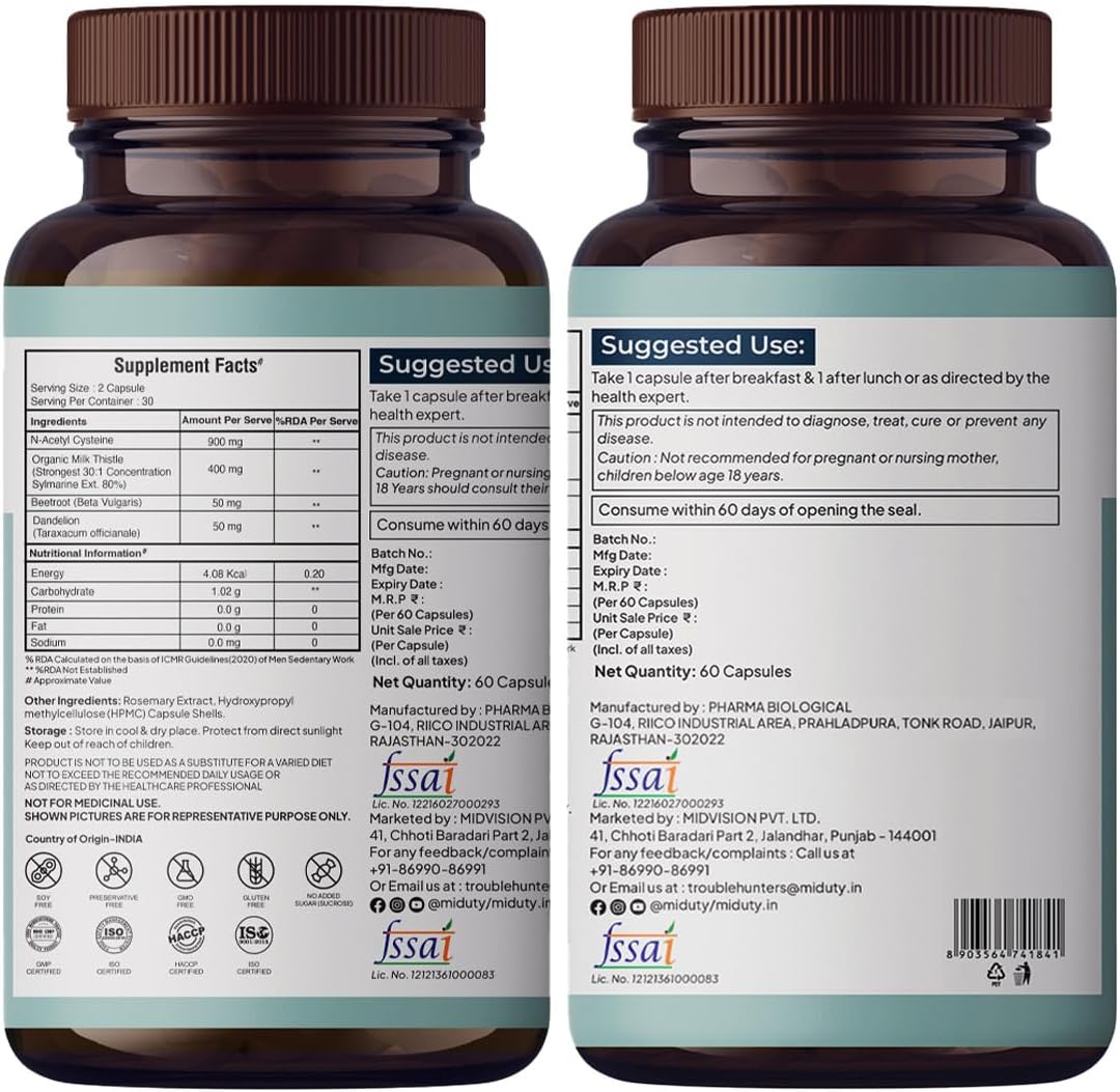 Miduty Liver Detox Capsules - Milk Thistle & NAC - 900mg, 60 Pack - Image 8