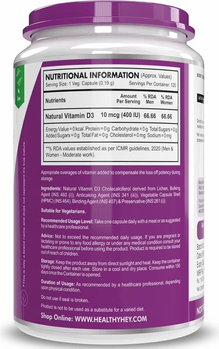 HealthyHey Vegan Vitamin D3 Capsules - Plant-Based, Non-GMO, 400 IU, 120 Count - Image 7