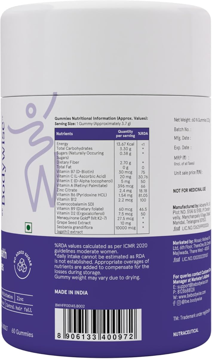 Be Bodywise Vegan Biotin Hair Gummies - Sugar-Free, 60-Day Pack - Image 7