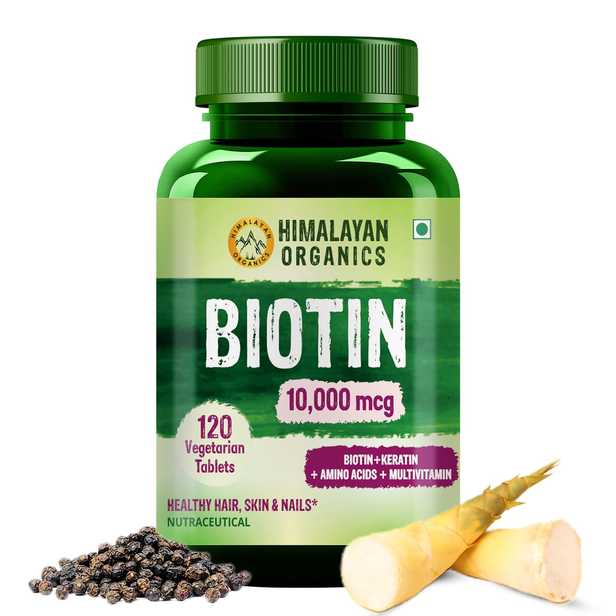 HIMALAYAN ORGANICS Biotin 10000 MCG Supplement - Vegetarian Tablets, 120 Count