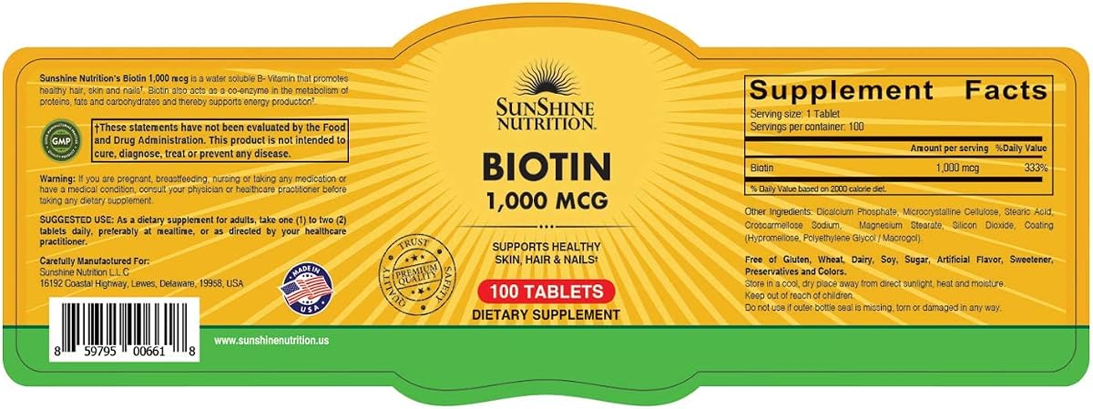 Sunshine Nutrition Biotin 1000 Mcg Tablets - 100 Count - Image 2