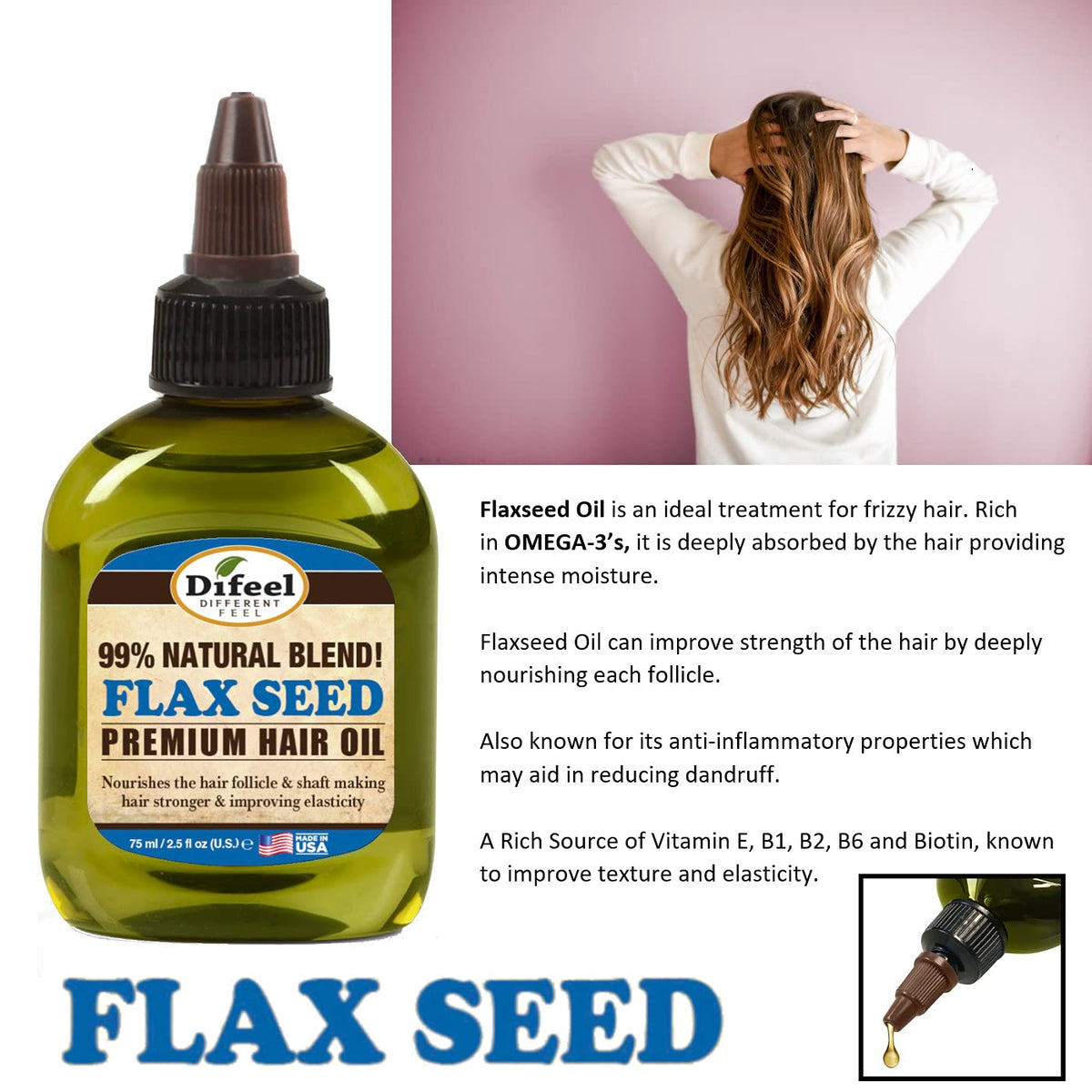 Difeel 99% Natural Blend Flax Seed Hair Oil - 75ml - Image 3