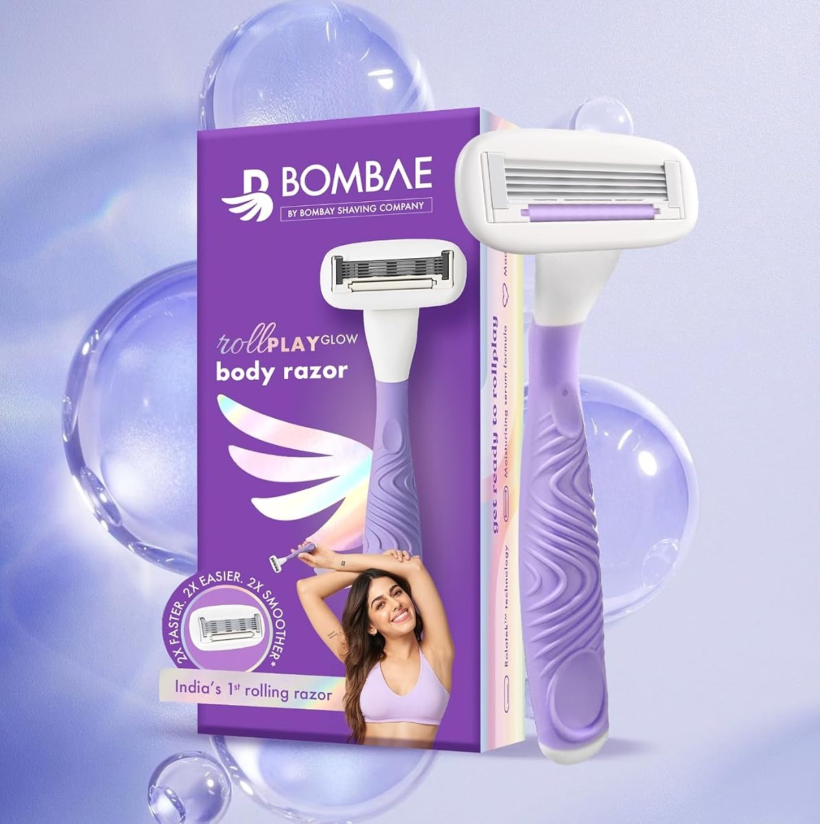 Bombay Shaving Bombae Rollplay Glow Body & Bikini Razor - Aloe Vera, Jojoba Oil, Vitamin E Infused - 1 Razor with 1 Refill