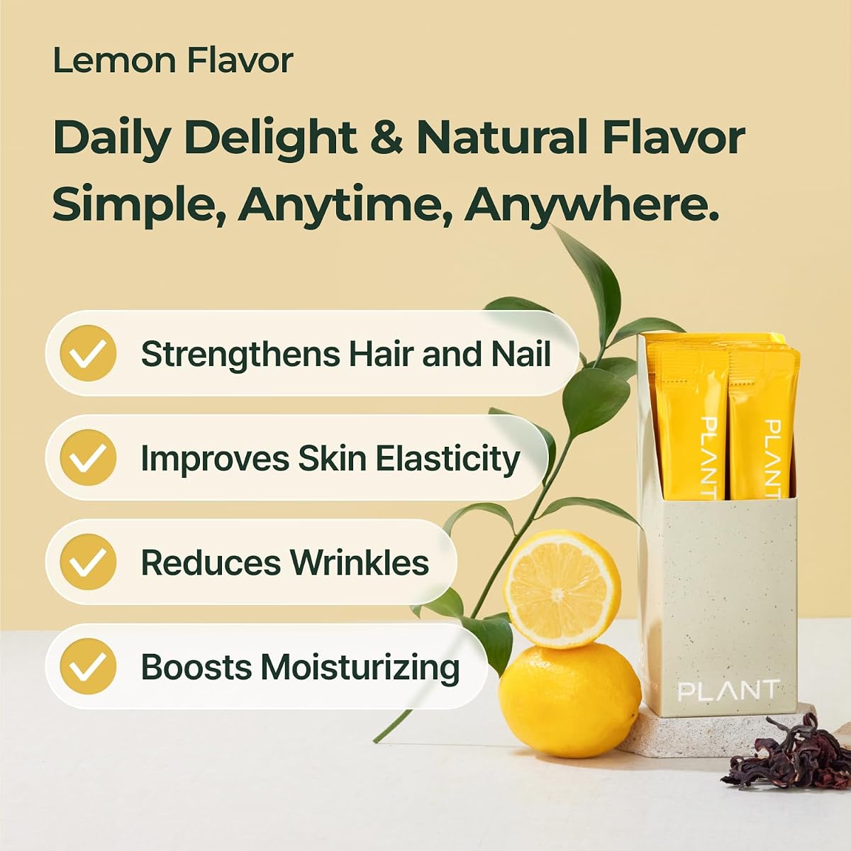 PLANT Vegan Liquid Collagen + Biotin - Lemon Flavour, 15 Sachets - Image 2