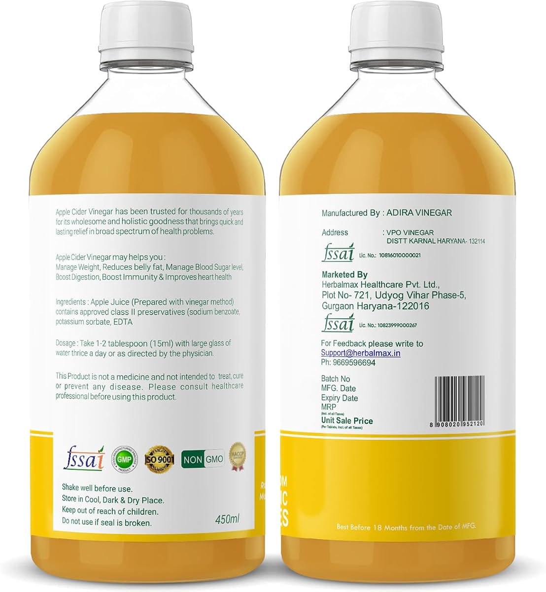 Herbal Max Unfiltered Apple Cider Vinegar - Raw, With The Mother - 450mL - Image 8