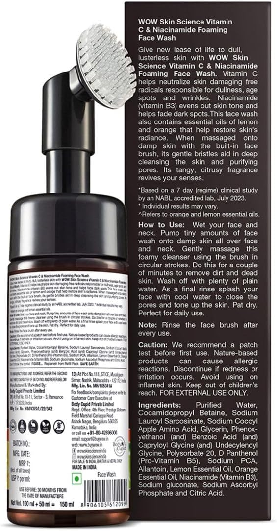 Wow Skin Science Vitamin C Foaming Face Wash with Brush - 150ml - Image 8