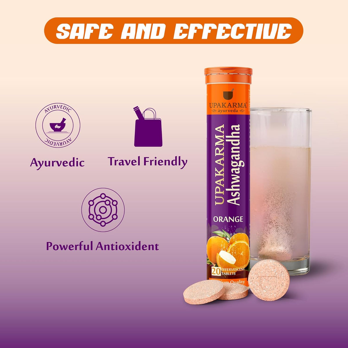 Upakarma Ashwagandha Effervescent Tablets - Orange Flavour - 20 Tablets - Image 8