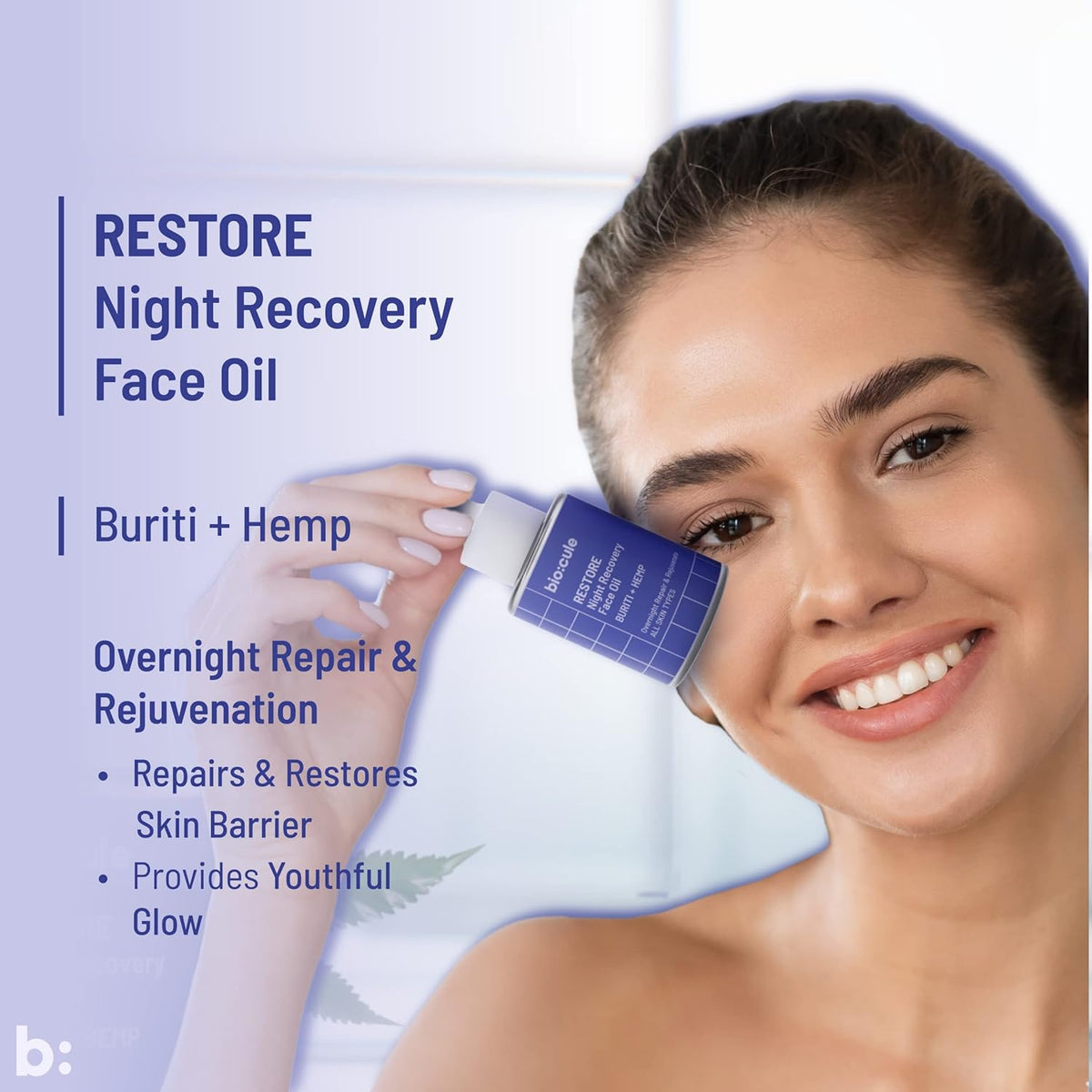 Biocule Restore Night Recovery Face Oil - Buriti + Hemp, 15ml - Image 5