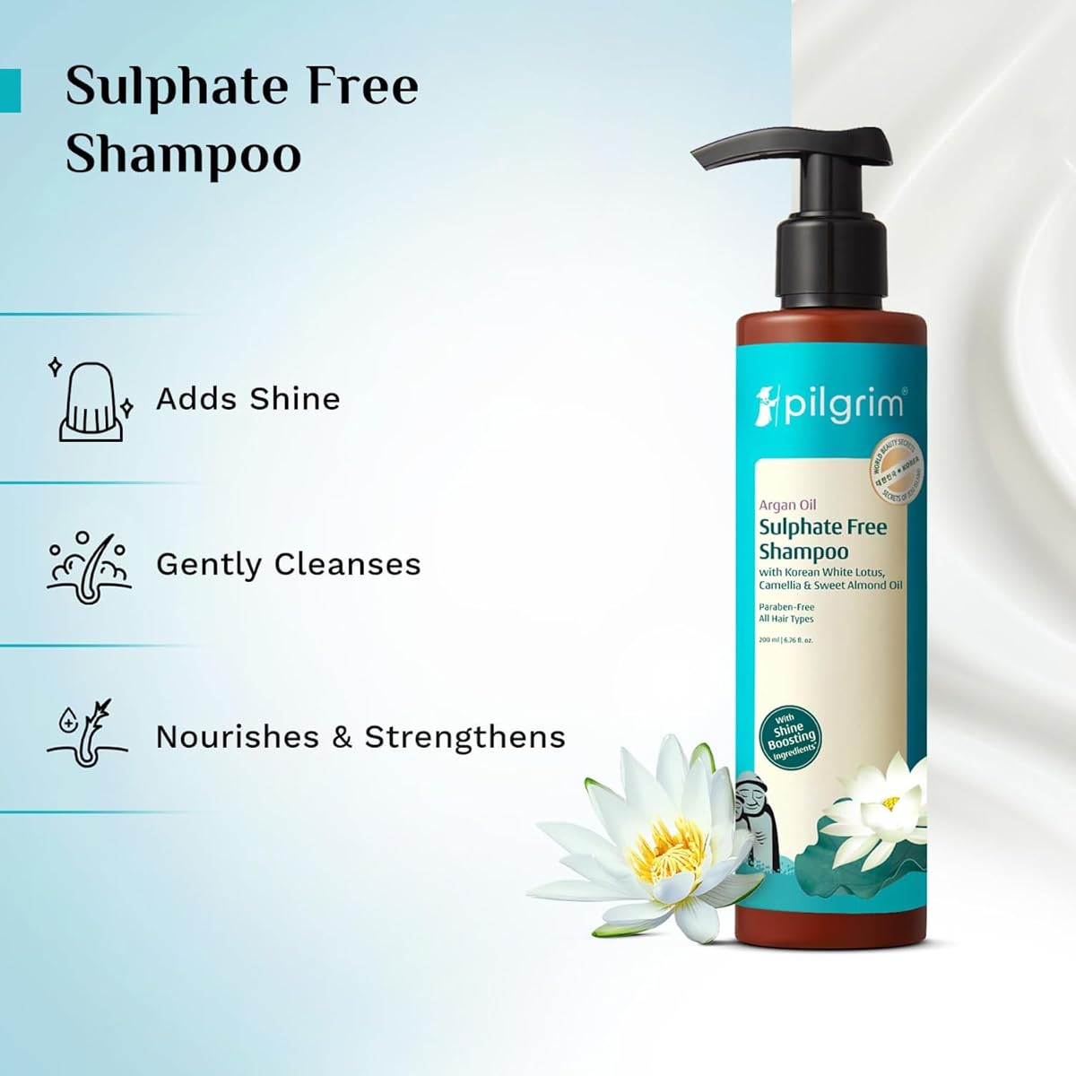 Pilgrim Argan Oil Sulphate-Free Shampoo with Korean White Lotus & Camellia - 200ml - Image 3
