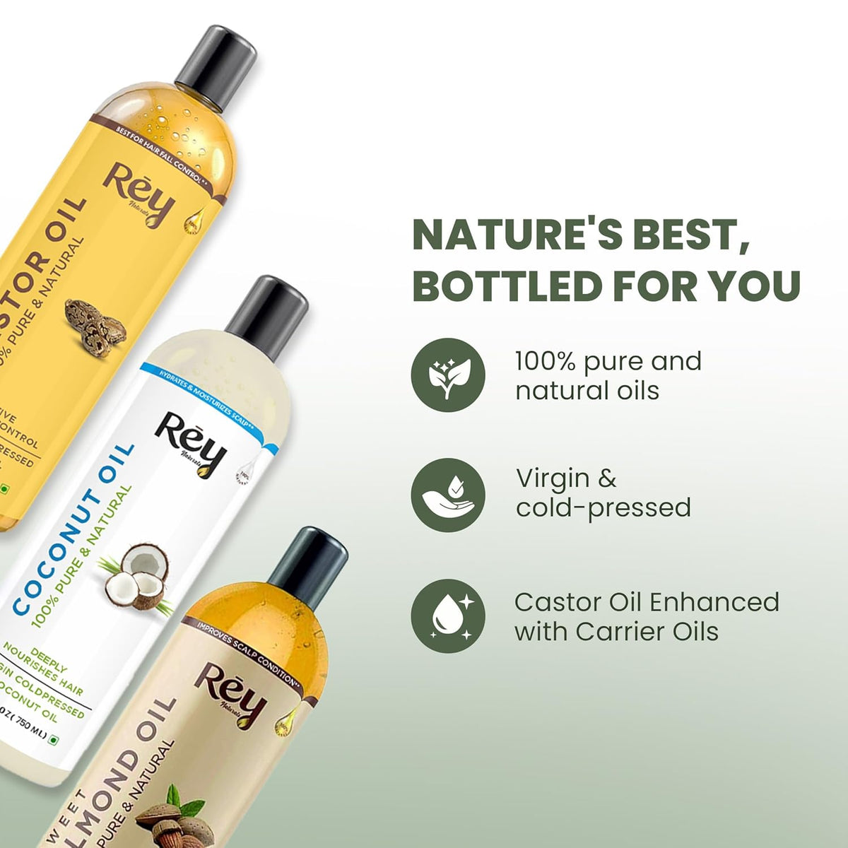ReyNaturals Cold Pressed Castor, Coconut & Sweet Almond Oil - 600ml - Image 2