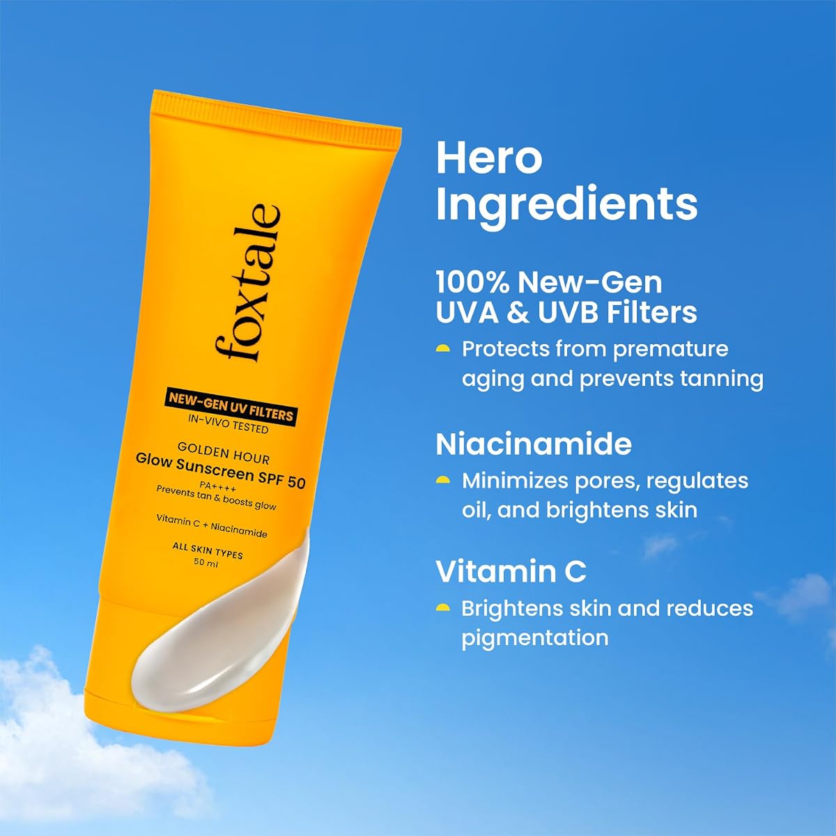 Foxtale Glow Sunscreen SPF 50 PA++++ with Vitamin C & Niacinamide - 50ml - Image 3