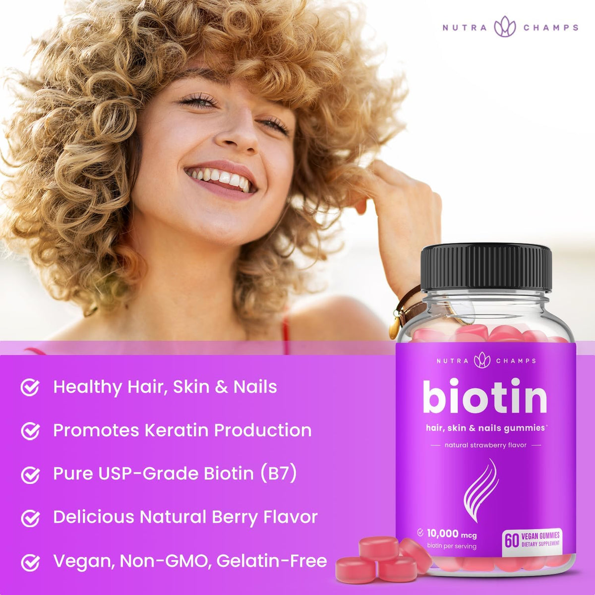 NutraChamps Biotin Gummies - Natural Strawberry - 60 Vegan Gummies - Image 3