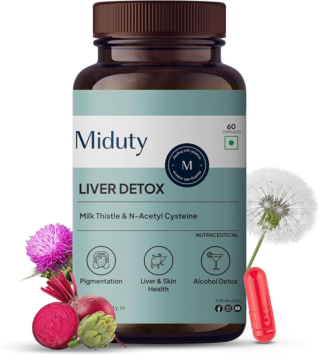 Miduty Liver Detox Capsules - Milk Thistle & NAC - 900mg, 60 Pack