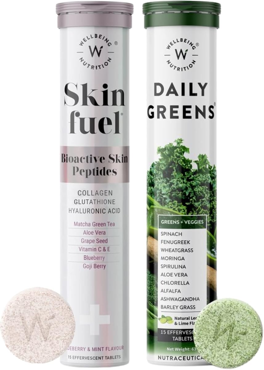 Wellbeing Nutrition Daily Greens Effervescent Tablets - Organic Collagen Builder & Multivitamin, 30 Tablets