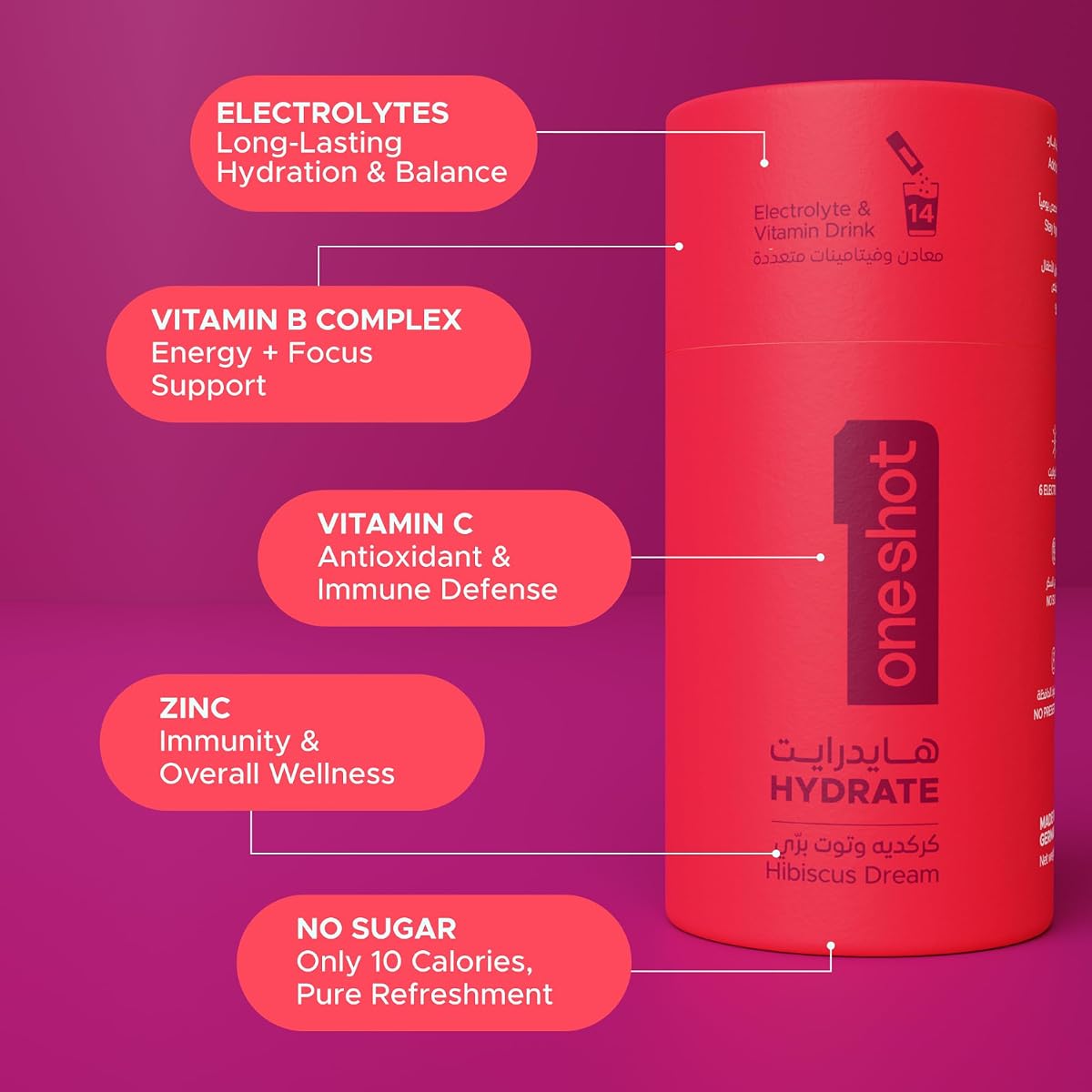 OneShot Hydrate Electrolyte & Vitamin Powder - Hibiscus Dream, Sugar-Free, 14 Sachets - Image 6